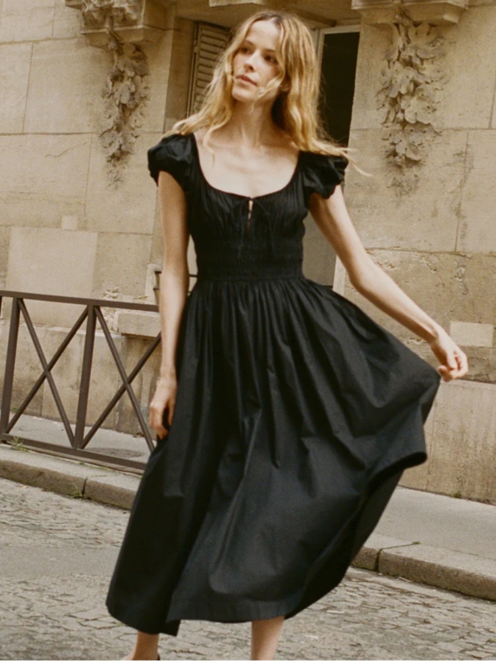 DOEN Quinn Black Puff-Sleeve Midi Dress